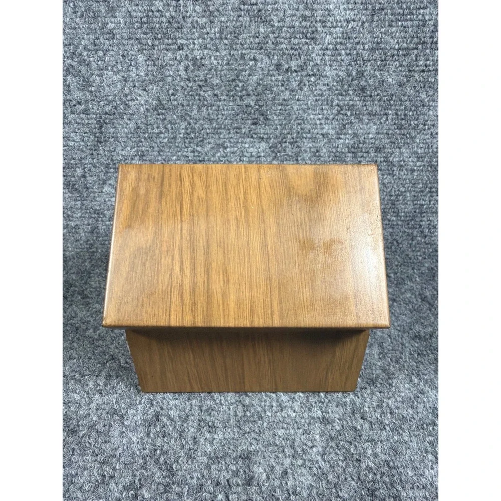 Vintage Faux Wood Grain Metal Hinged Storage Box Mid Century Recipe Tin Brown